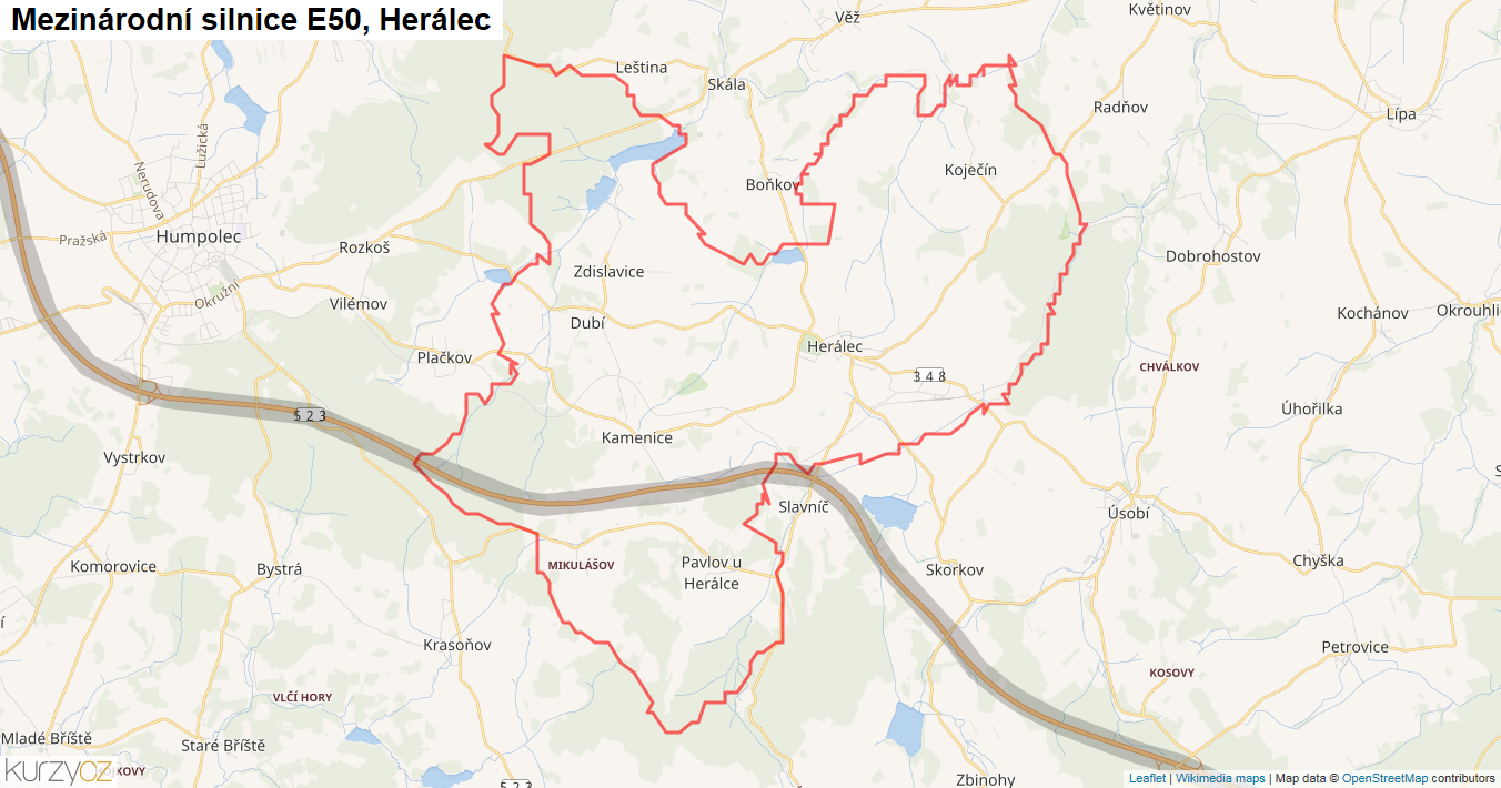 Herálec, Silnice E50 - Mapa