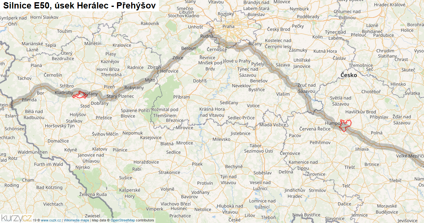 Úsek Herálec - Přehýšov, Silnice E50 - Mapa