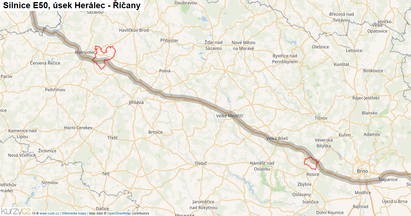 Úsek Herálec - Říčany, Silnice E50 - Mapa
