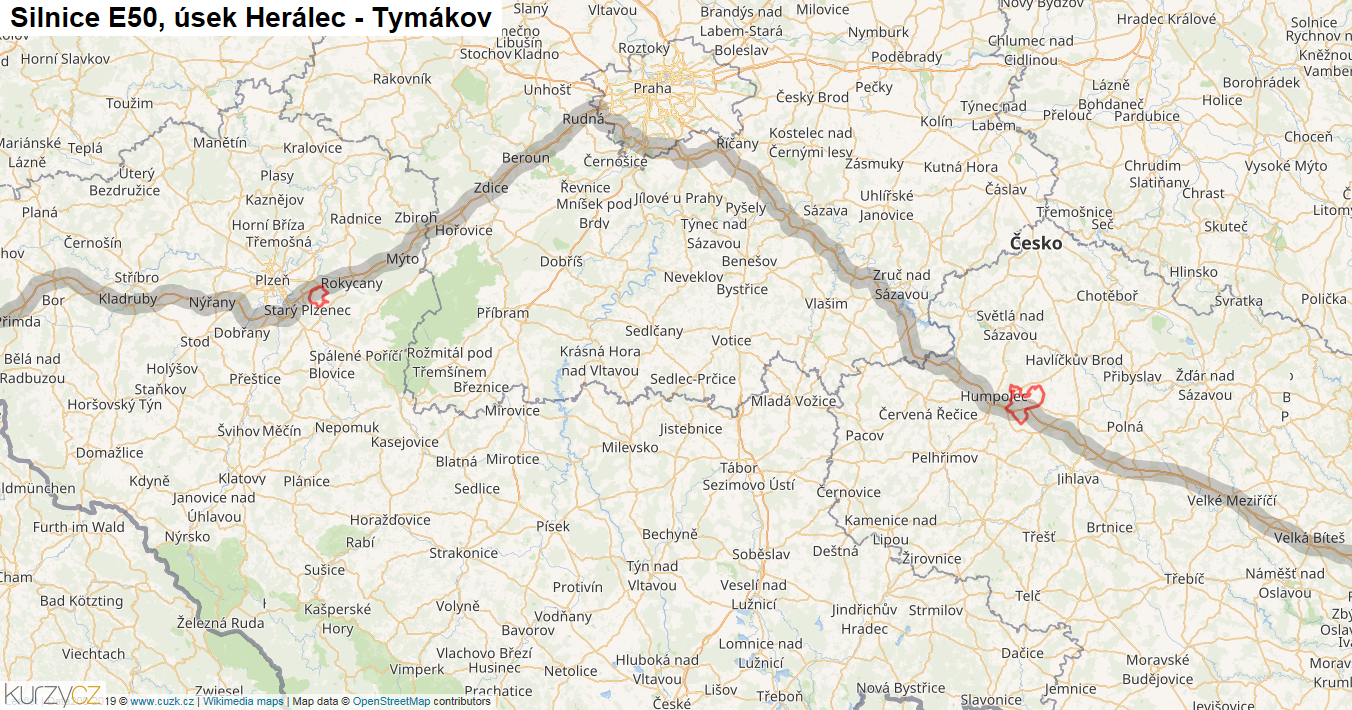 Úsek Herálec - Tymákov, Silnice E50 - Mapa