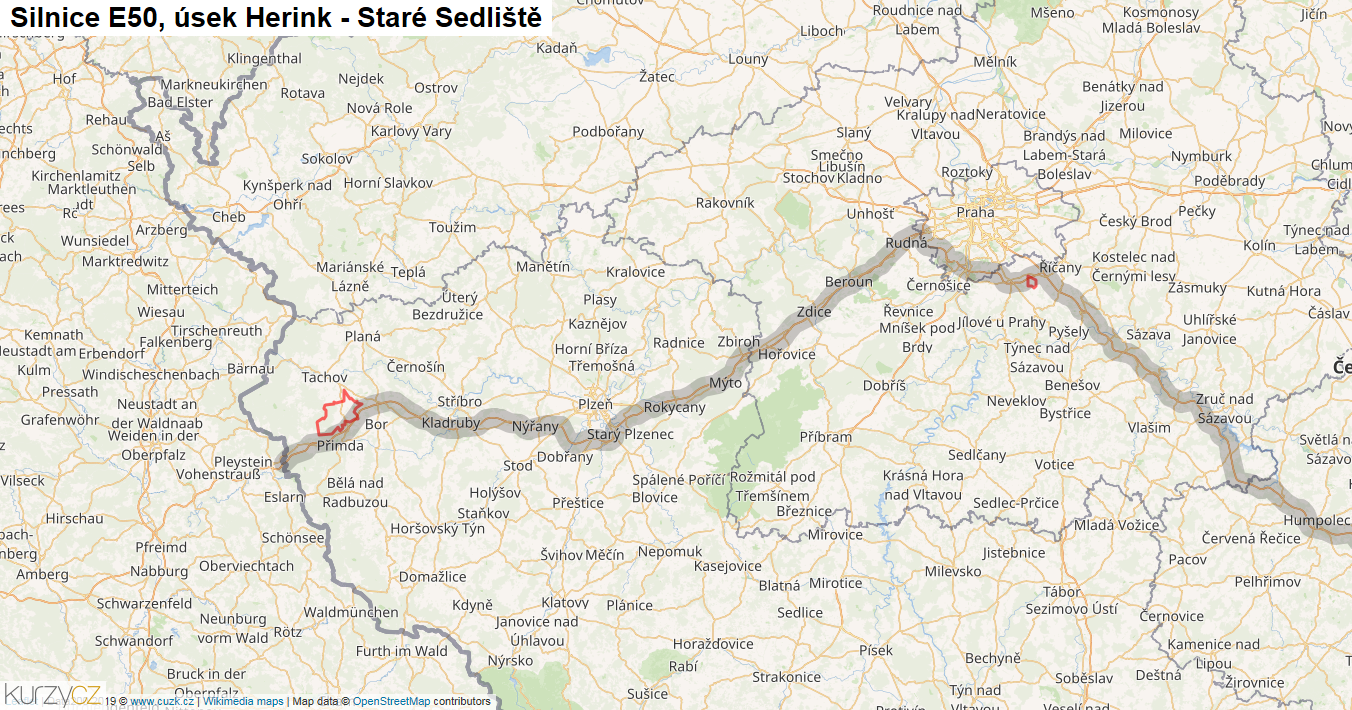 Úsek Herink - Staré Sedliště, Silnice E50 - Mapa
