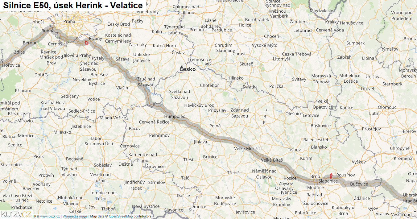 Úsek Herink - Velatice, Silnice E50 - Mapa