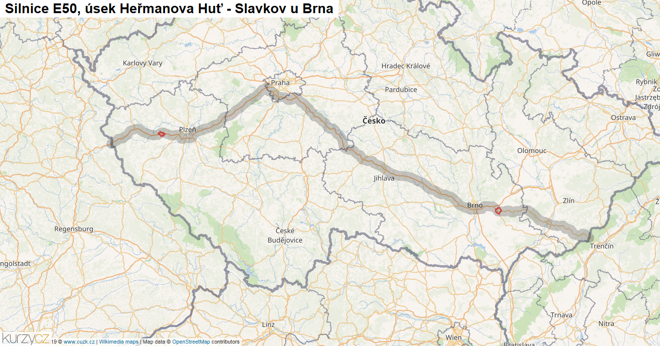 Úsek Heřmanova Huť - Slavkov u Brna, Silnice E50 - Mapa
