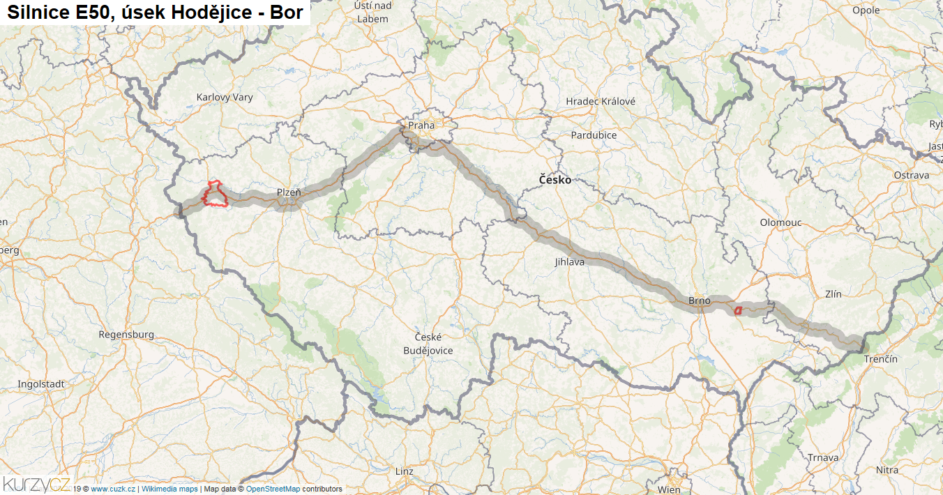 Úsek Hodějice - Bor, Silnice E50 - Mapa