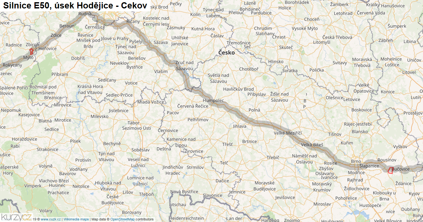 Úsek Hodějice - Cekov, Silnice E50 - Mapa