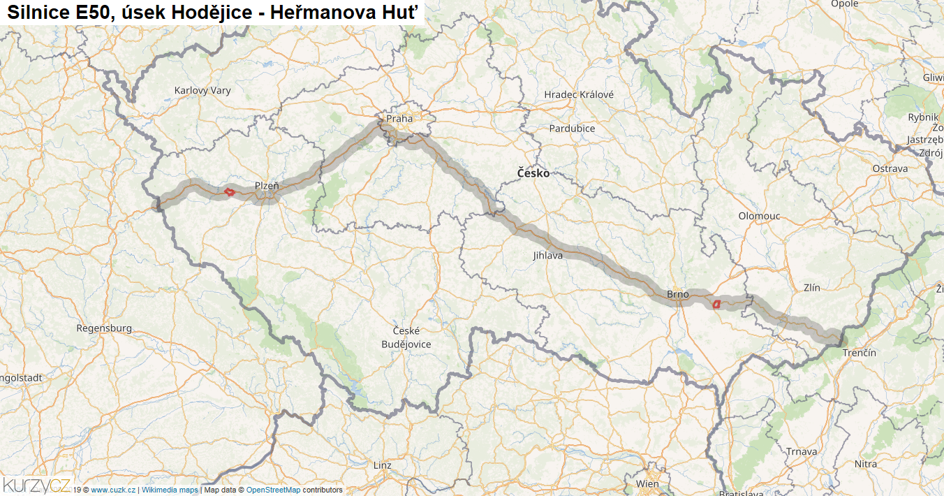 Úsek Hodějice - Heřmanova Huť, Silnice E50 - Mapa