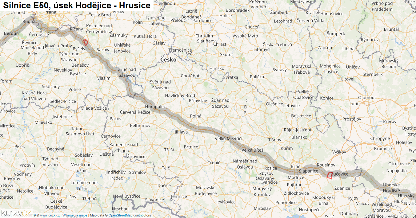 Úsek Hodějice - Hrusice, Silnice E50 - Mapa