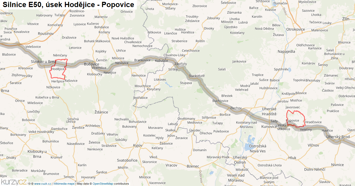 Úsek Hodějice - Popovice, Silnice E50 - Mapa