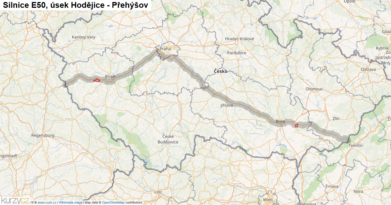Úsek Hodějice - Přehýšov, Silnice E50 - Mapa