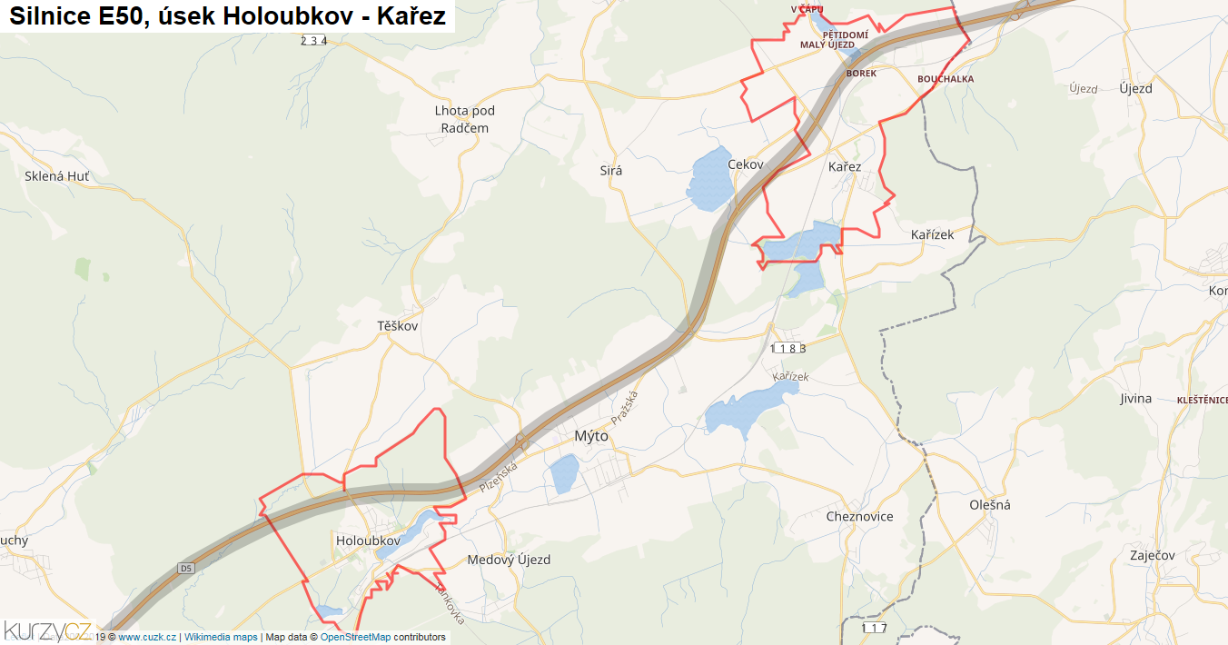 Úsek Holoubkov - Kařez, Silnice E50 - Mapa