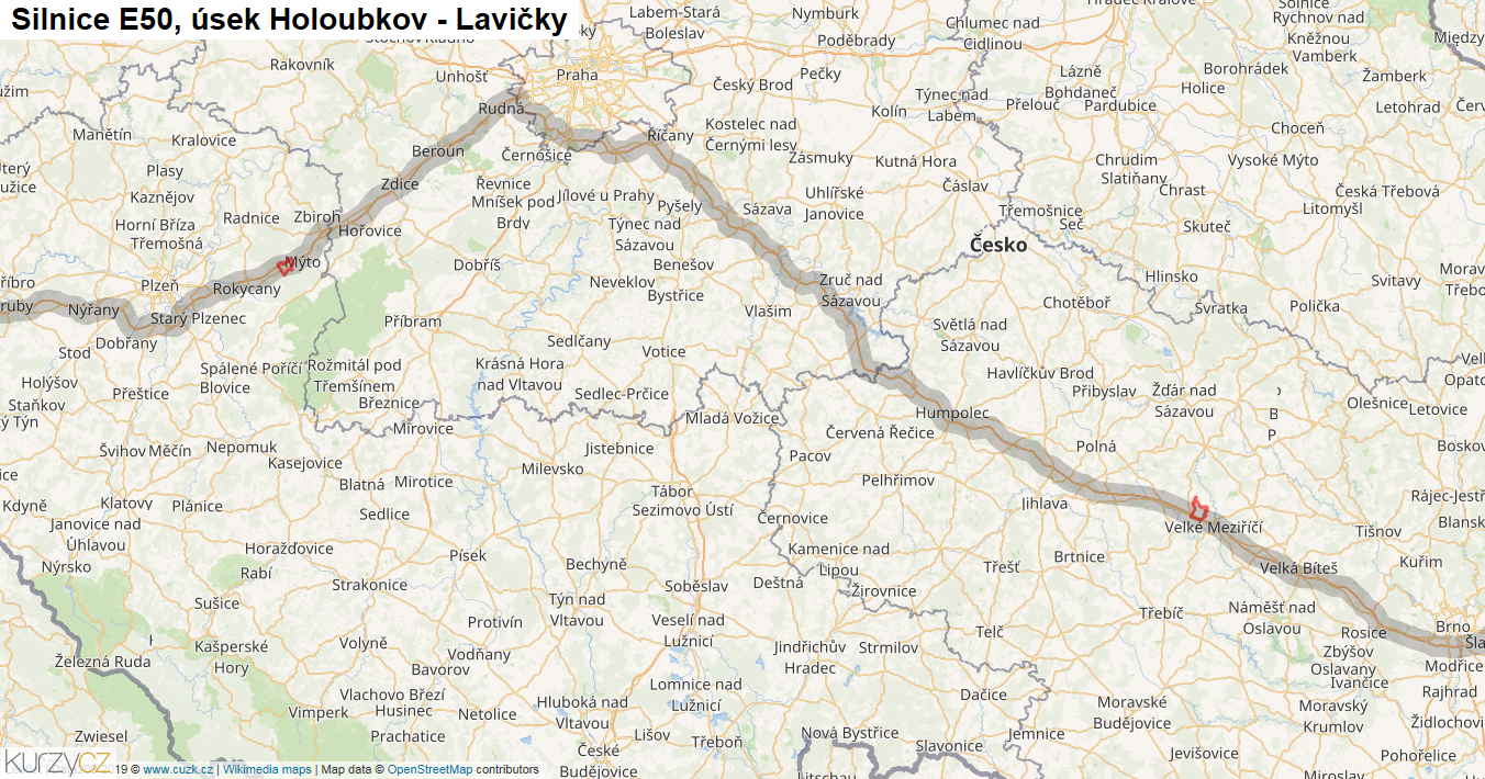 Úsek Holoubkov - Lavičky, Silnice E50 - Mapa