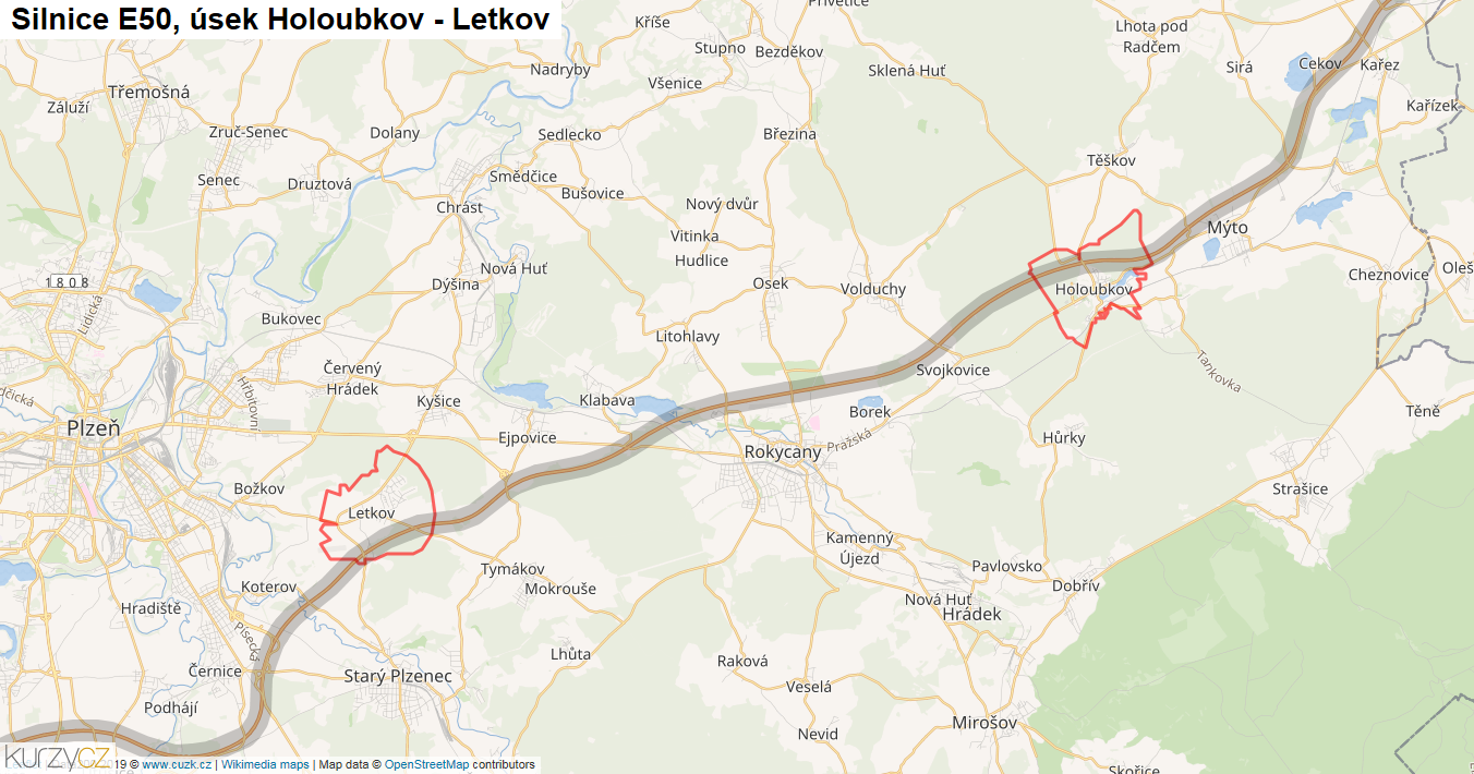 Úsek Holoubkov - Letkov, Silnice E50 - Mapa