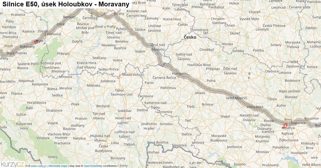Úsek Holoubkov - Moravany, Silnice E50 - Mapa