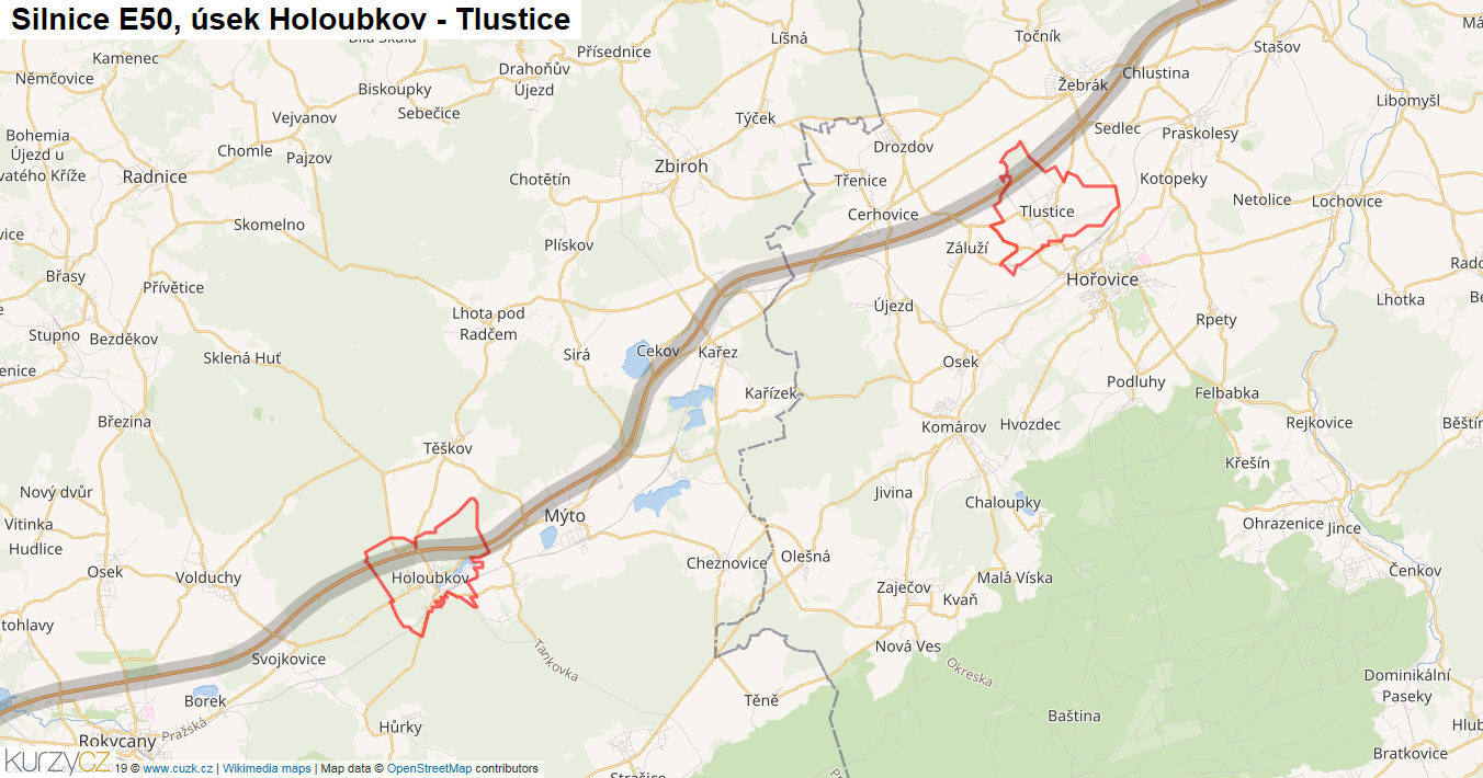 Úsek Holoubkov - Tlustice, Silnice E50 - Mapa