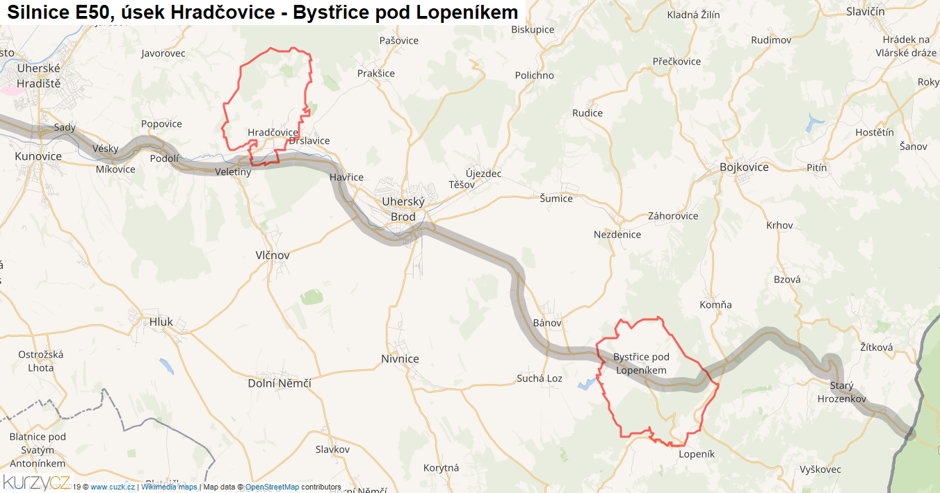 Úsek Hradčovice - Bystřice pod Lopeníkem, Silnice E50 - Mapa