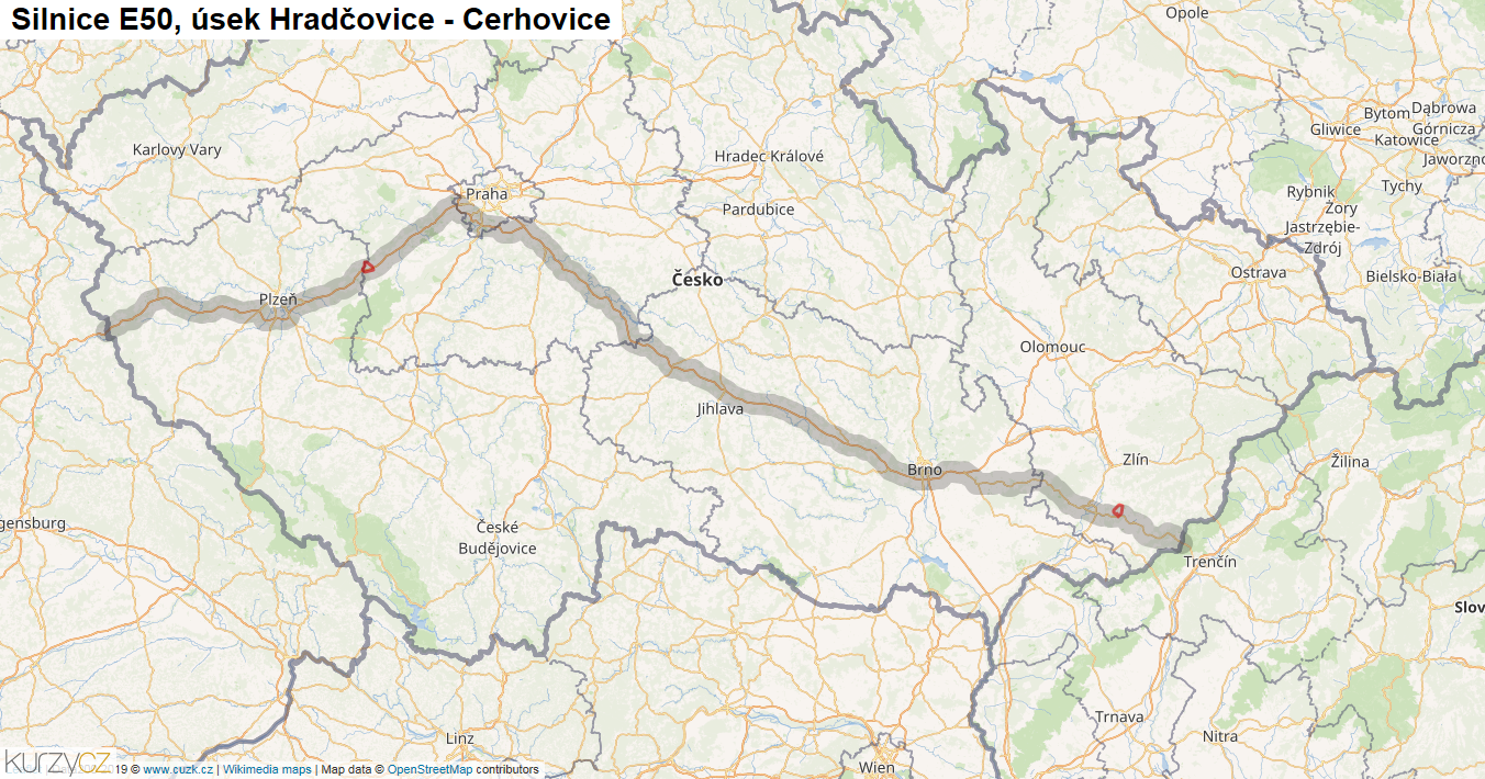 Úsek Hradčovice - Cerhovice, Silnice E50 - Mapa