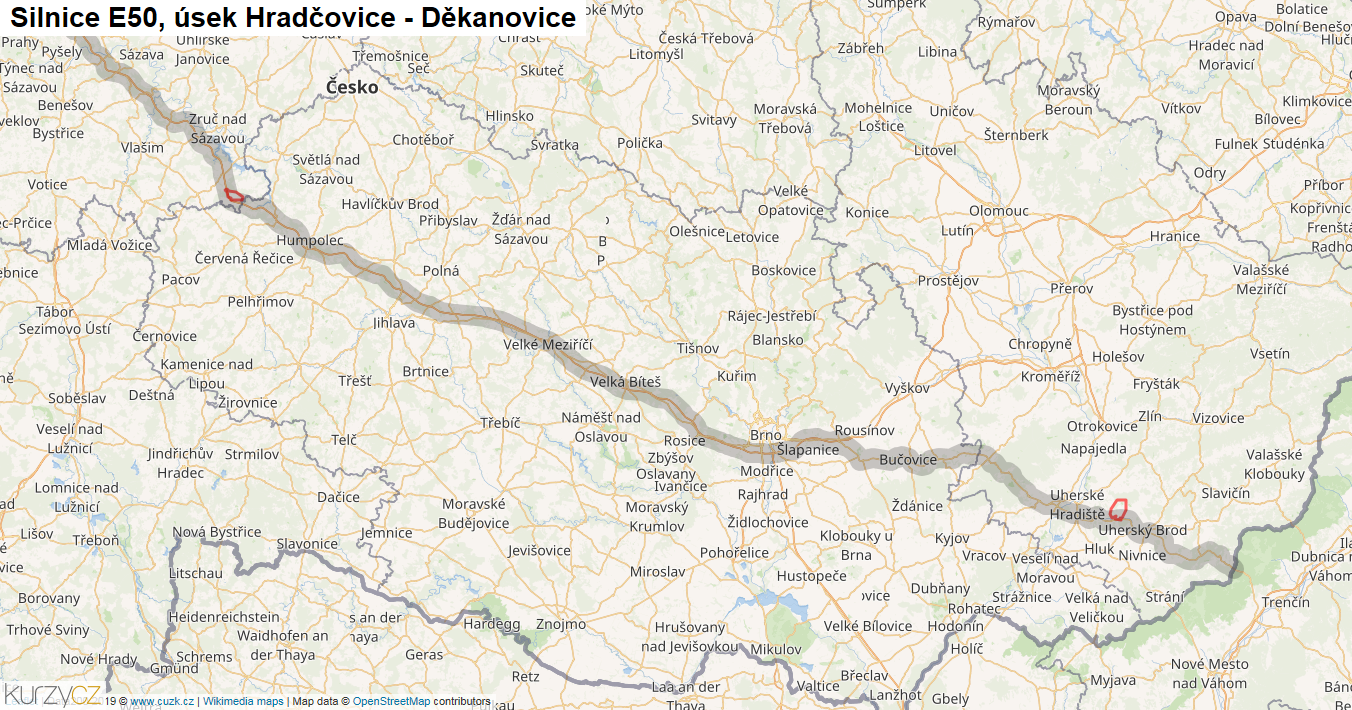 Úsek Hradčovice - Děkanovice, Silnice E50 - Mapa