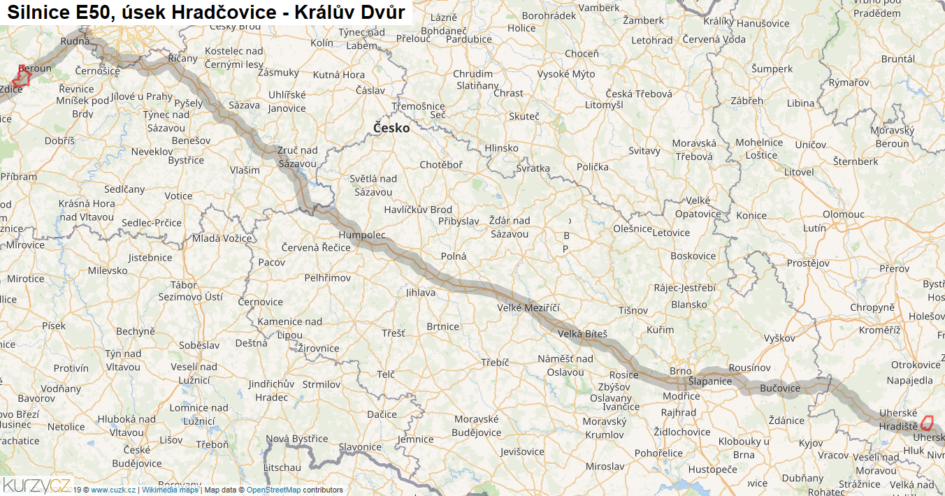 Úsek Hradčovice - Králův Dvůr, Silnice E50 - Mapa