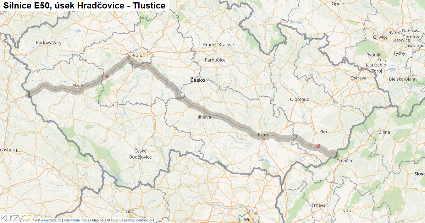 Úsek Hradčovice - Tlustice, Silnice E50 - Mapa