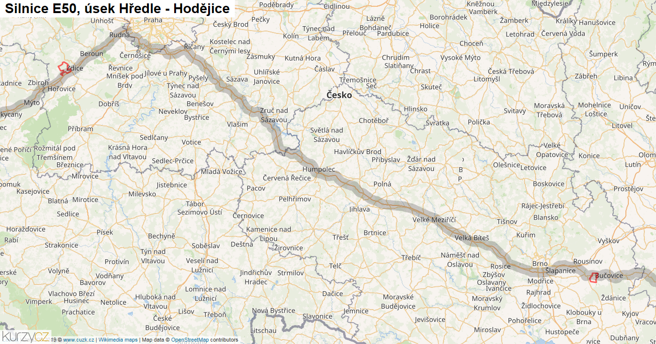 Úsek Hředle - Hodějice, Silnice E50 - Mapa