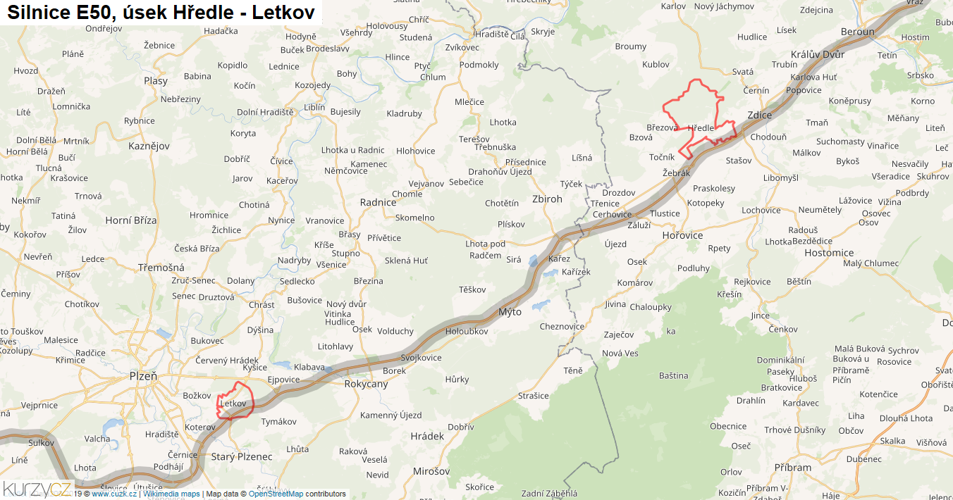 Úsek Hředle - Letkov, Silnice E50 - Mapa