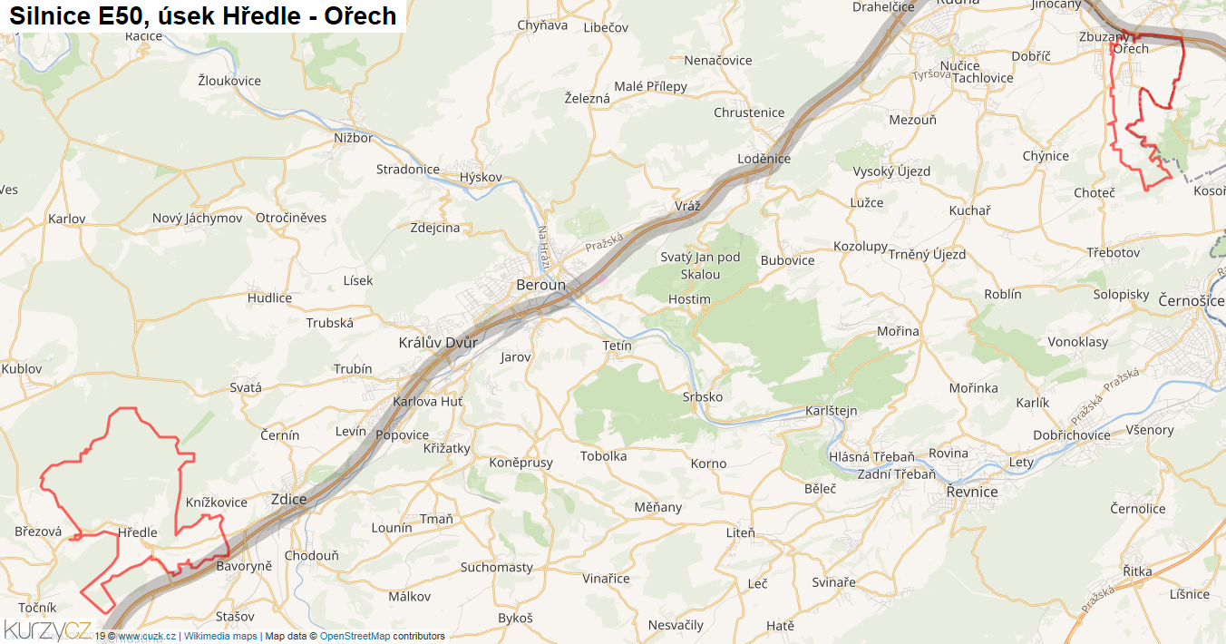 Úsek Hředle - Ořech, Silnice E50 - Mapa