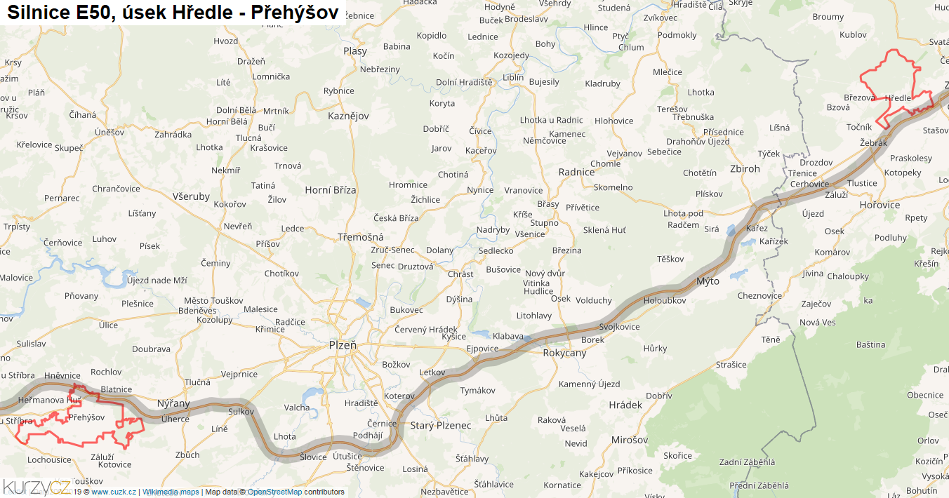 Úsek Hředle - Přehýšov, Silnice E50 - Mapa
