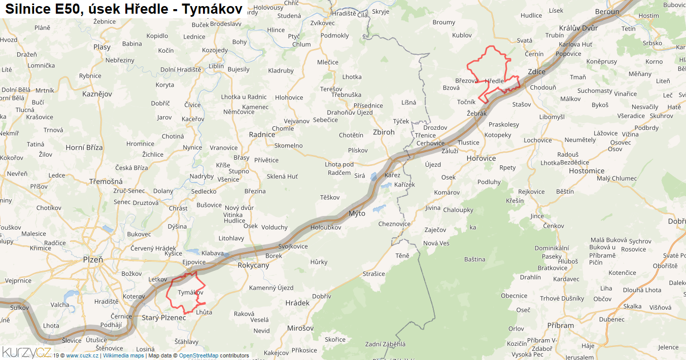 Úsek Hředle - Tymákov, Silnice E50 - Mapa