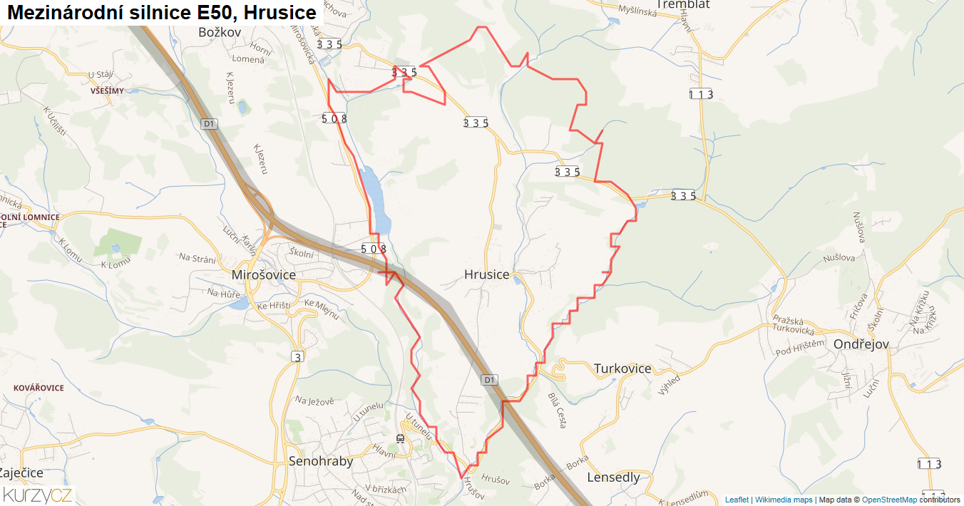 Hrusice, Silnice E50 - Mapa