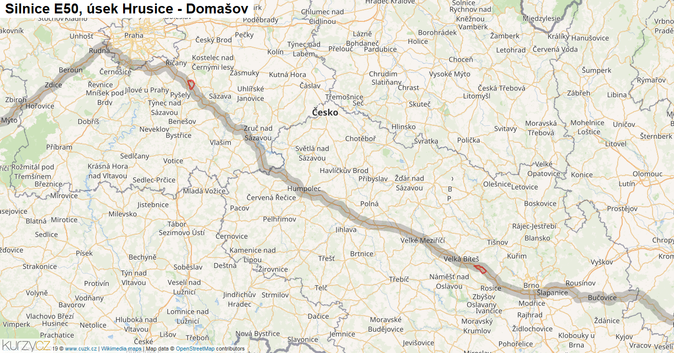 Úsek Hrusice - Domašov, Silnice E50 - Mapa