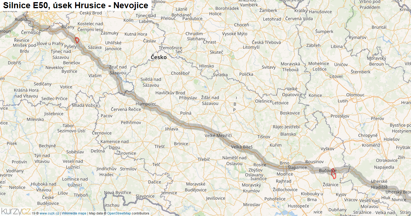 Úsek Hrusice - Nevojice, Silnice E50 - Mapa