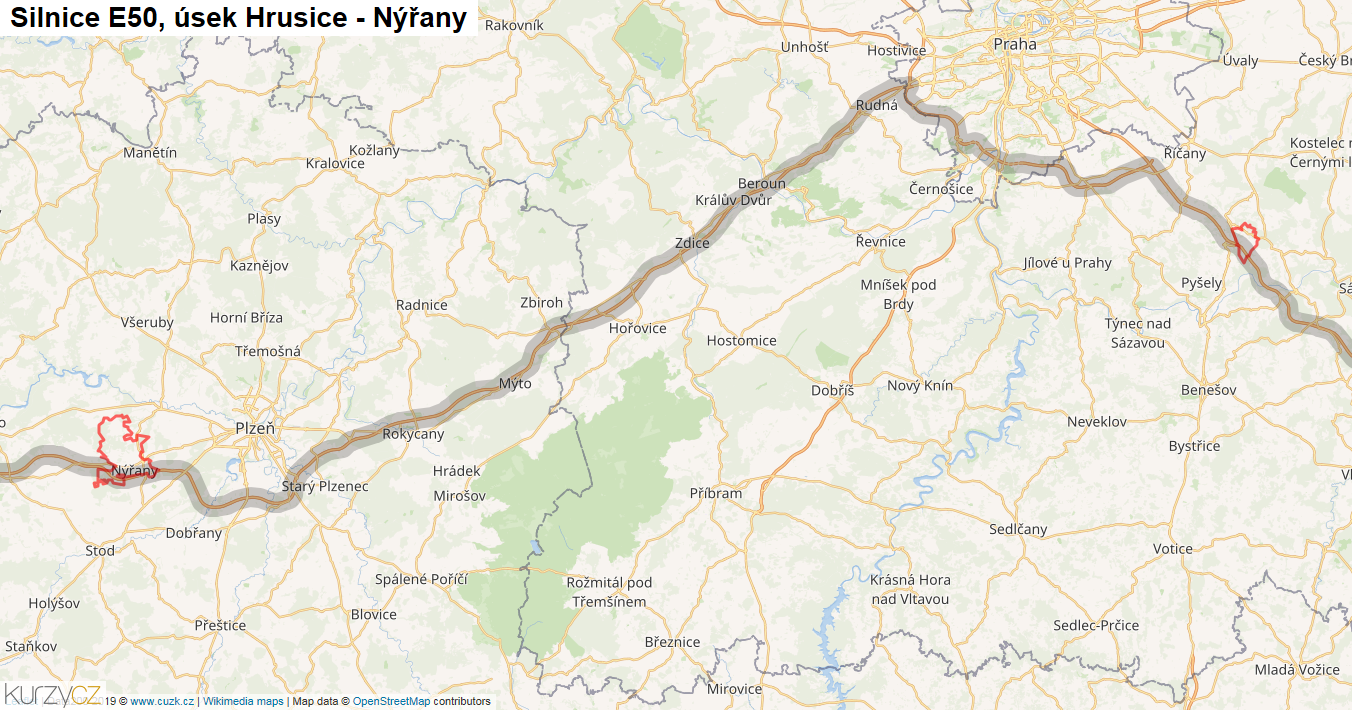 Úsek Hrusice - Nýřany, Silnice E50 - Mapa