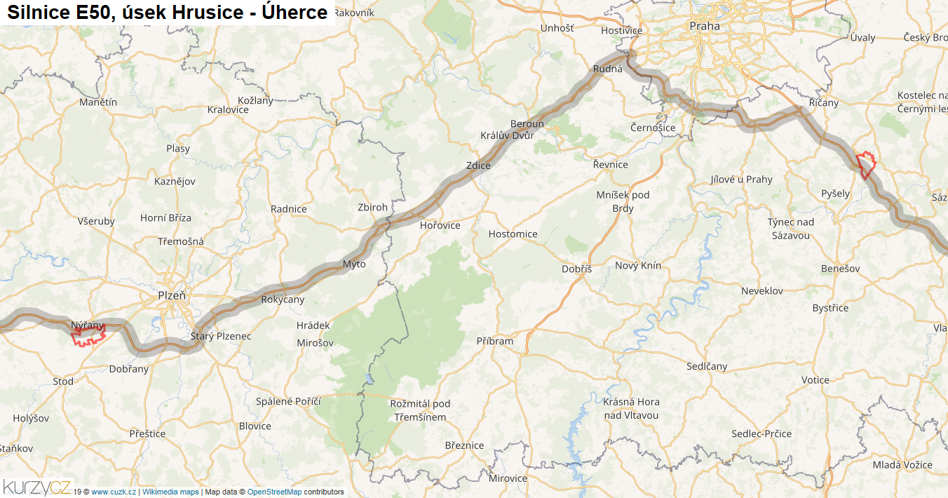 Úsek Hrusice - Úherce, Silnice E50 - Mapa