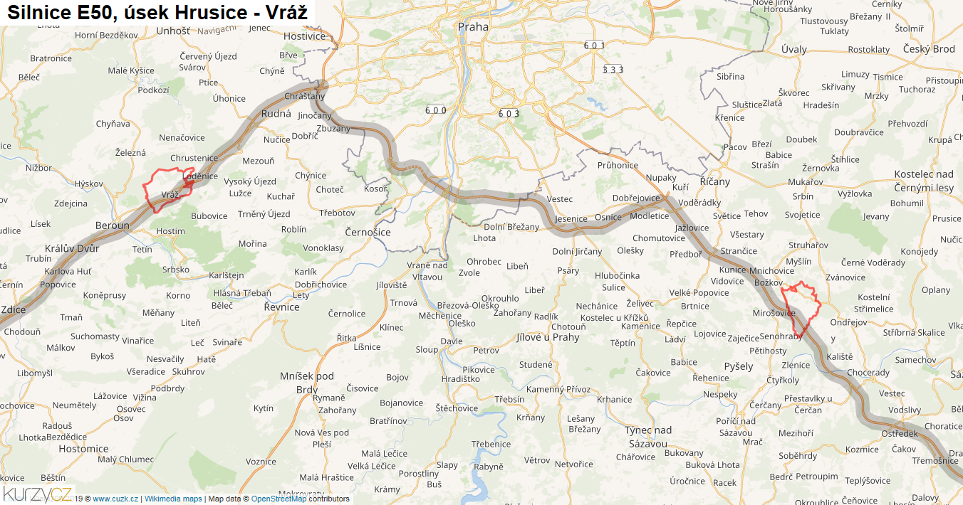 Úsek Hrusice - Vráž, Silnice E50 - Mapa