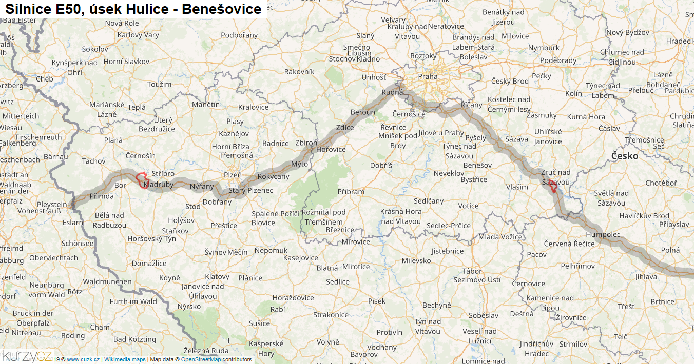 Úsek Hulice - Benešovice, Silnice E50 - Mapa