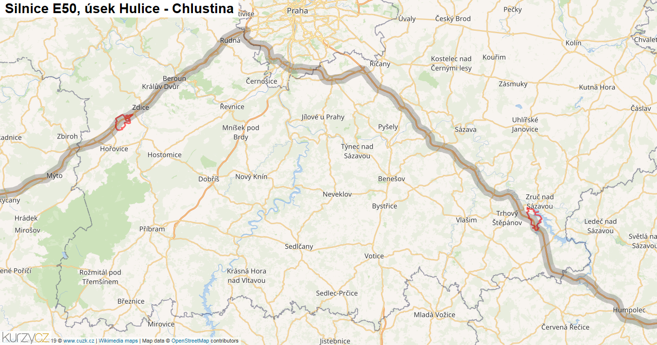 Úsek Hulice - Chlustina, Silnice E50 - Mapa