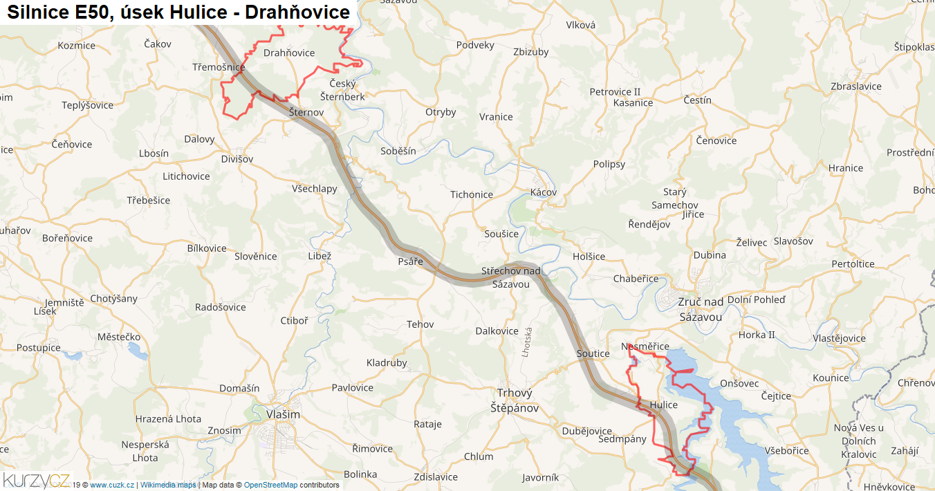 Úsek Hulice - Drahňovice, Silnice E50 - Mapa
