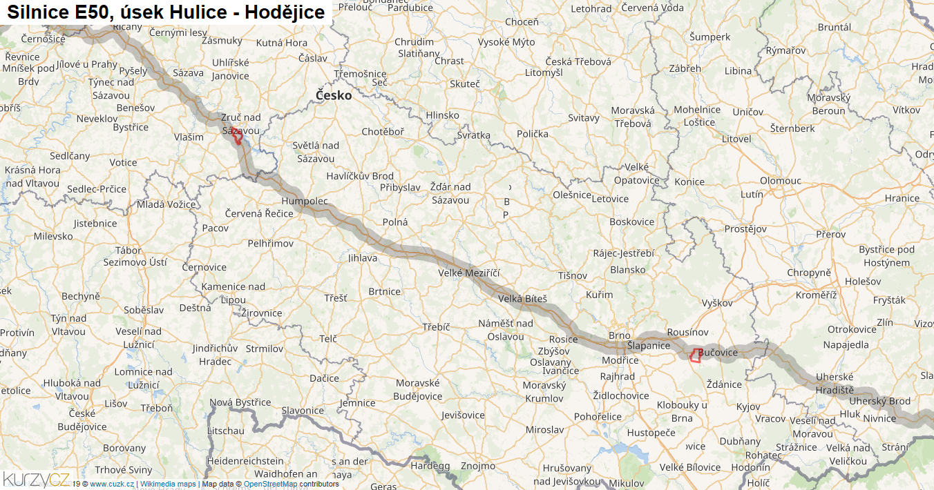 Úsek Hulice - Hodějice, Silnice E50 - Mapa