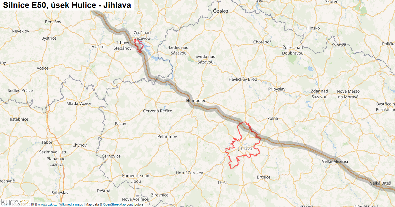 Úsek Hulice - Jihlava, Silnice E50 - Mapa