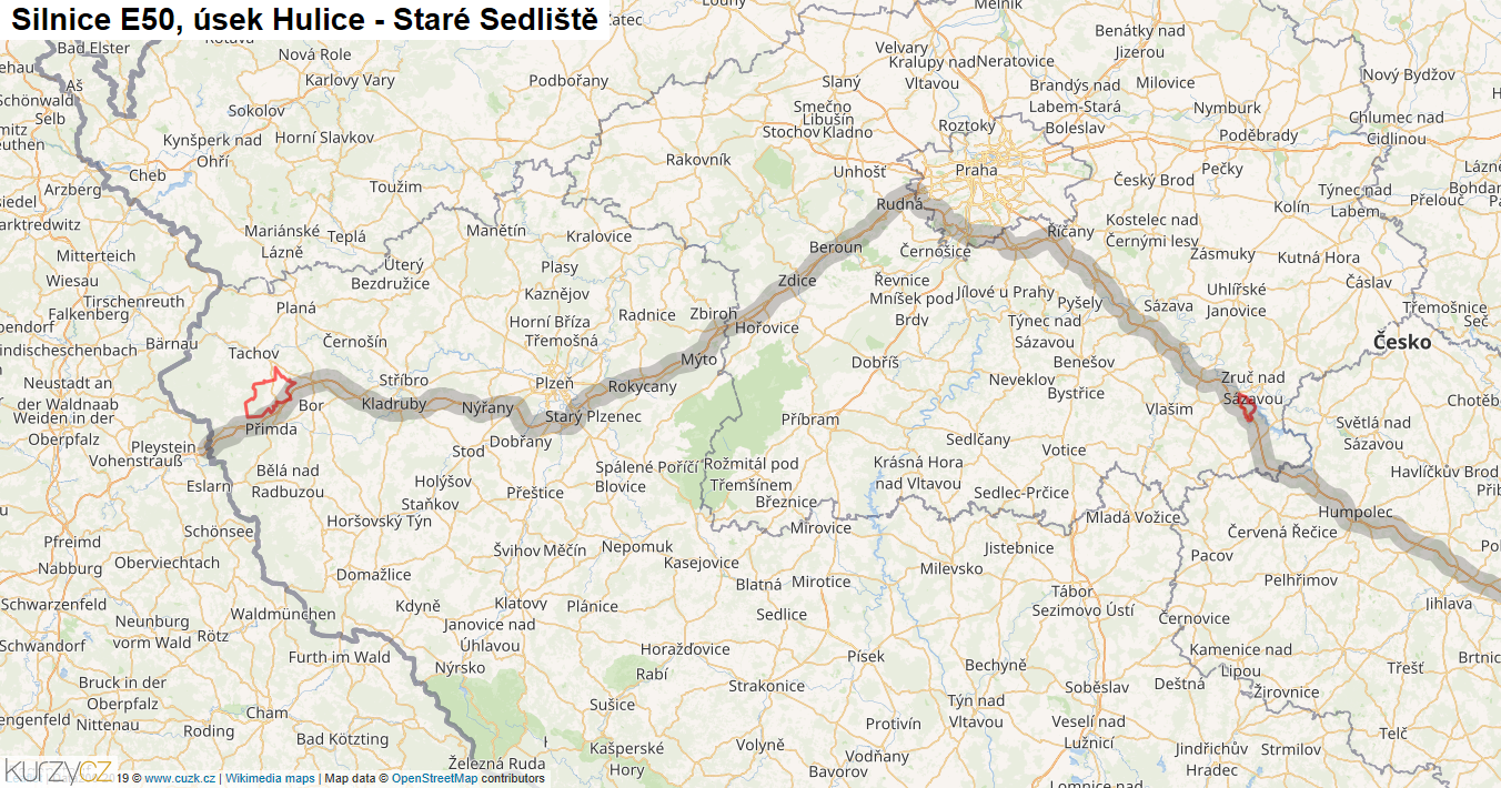 Úsek Hulice - Staré Sedliště, Silnice E50 - Mapa