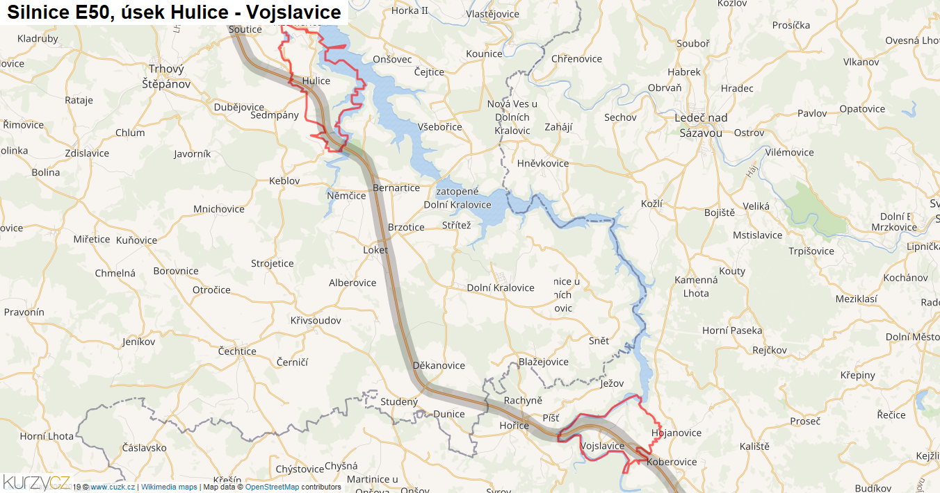 Úsek Hulice - Vojslavice, Silnice E50 - Mapa