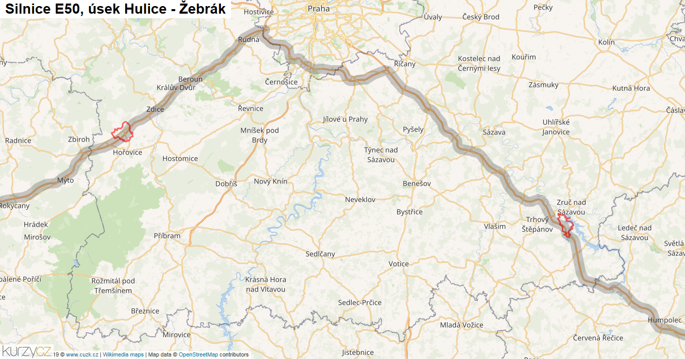 Úsek Hulice - Žebrák, Silnice E50 - Mapa
