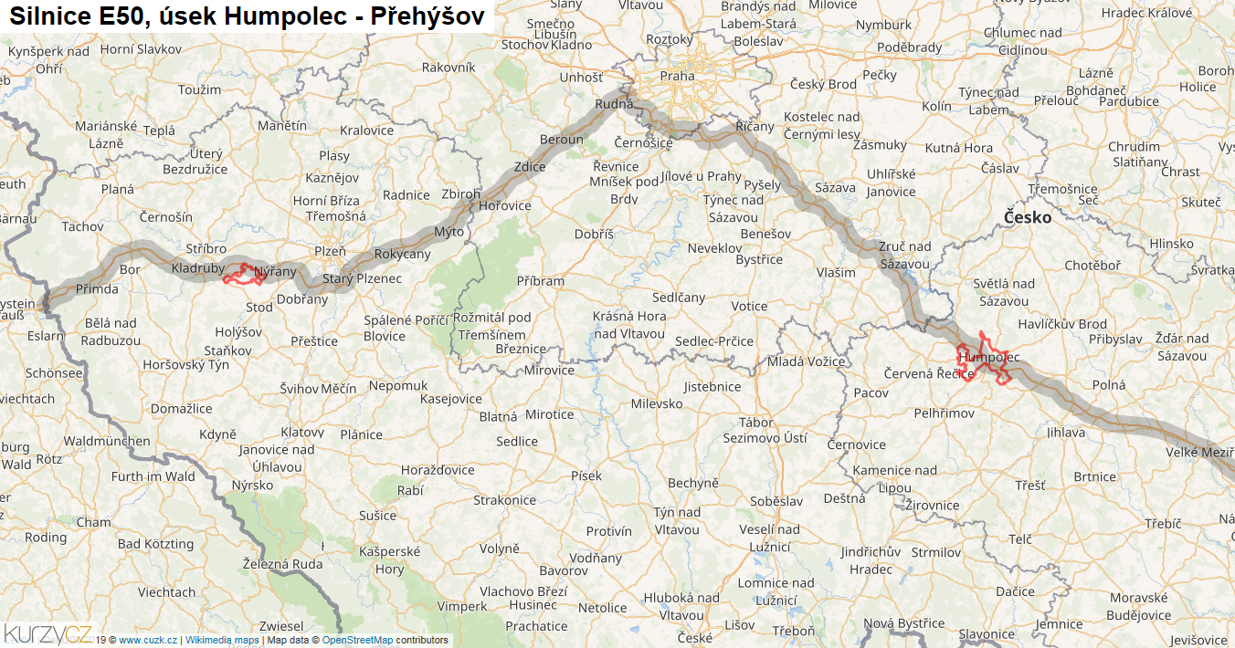Úsek Humpolec - Přehýšov, Silnice E50 - Mapa