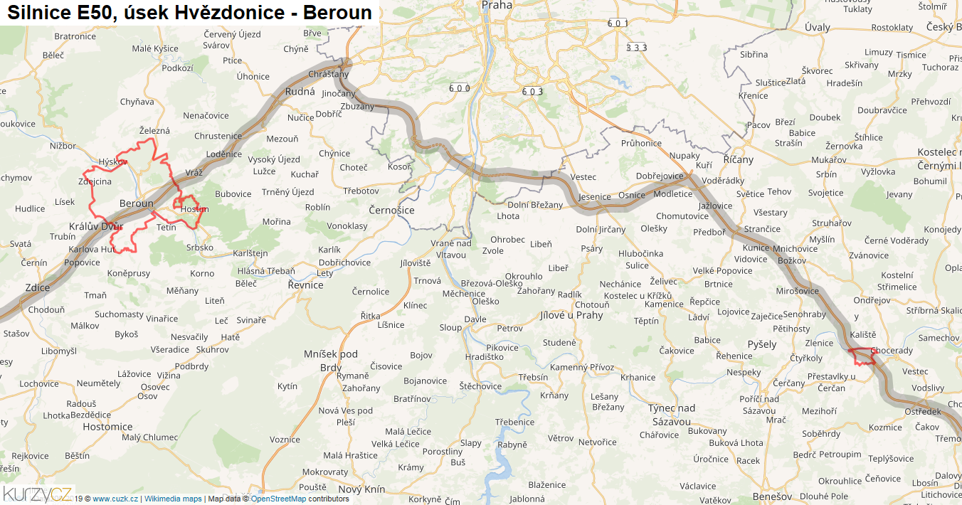 Úsek Hvězdonice - Beroun, Silnice E50 - Mapa