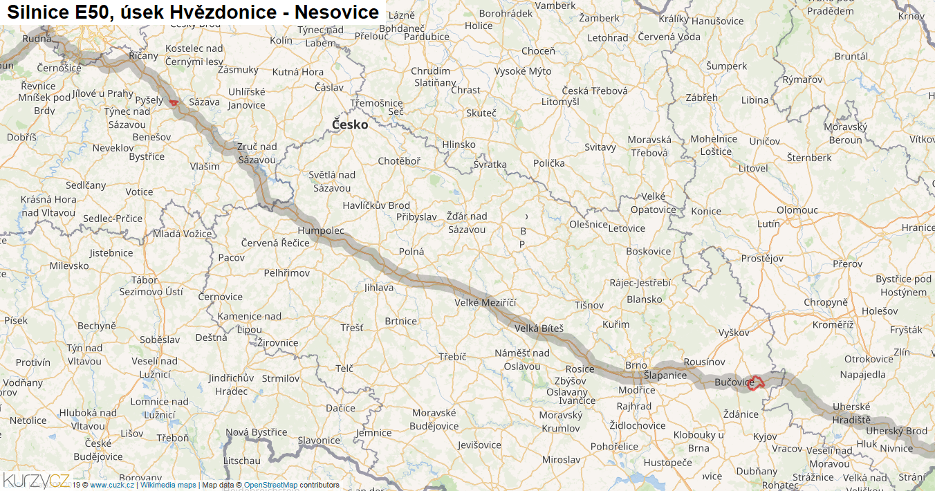 Úsek Hvězdonice - Nesovice, Silnice E50 - Mapa
