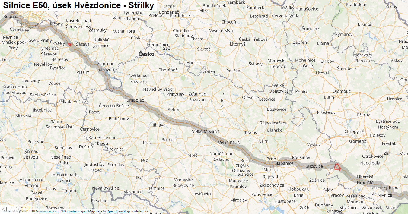 Úsek Hvězdonice - Střílky, Silnice E50 - Mapa
