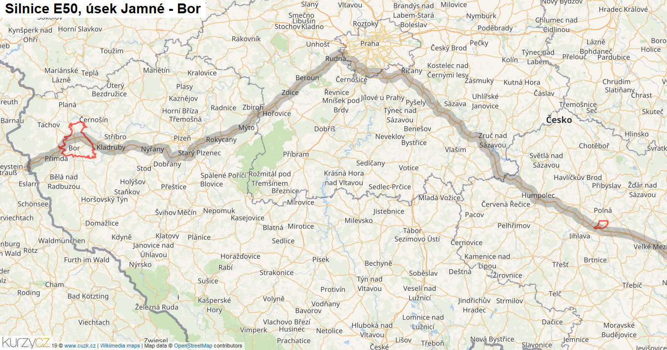 Úsek Jamné - Bor, Silnice E50 - Mapa