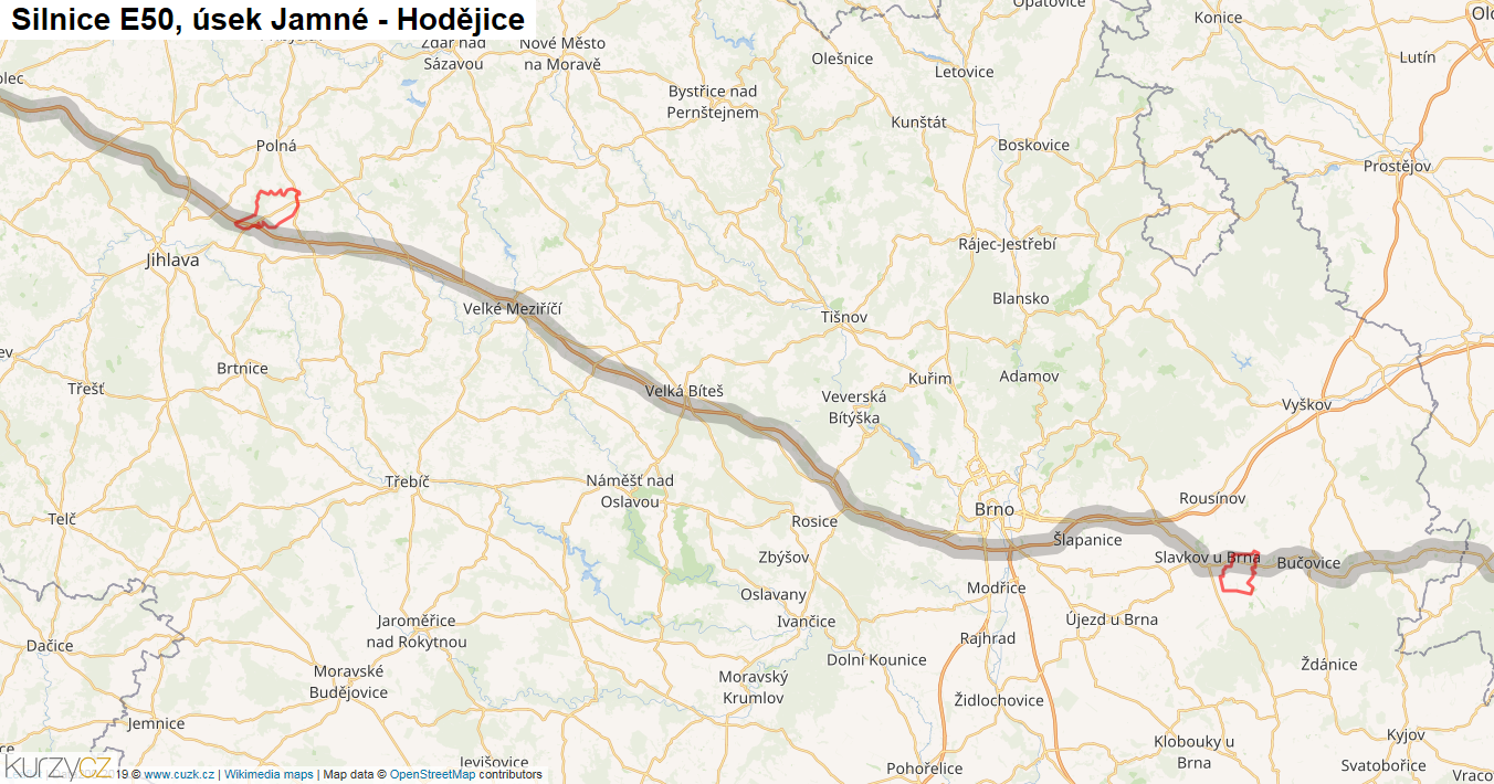 Úsek Jamné - Hodějice, Silnice E50 - Mapa