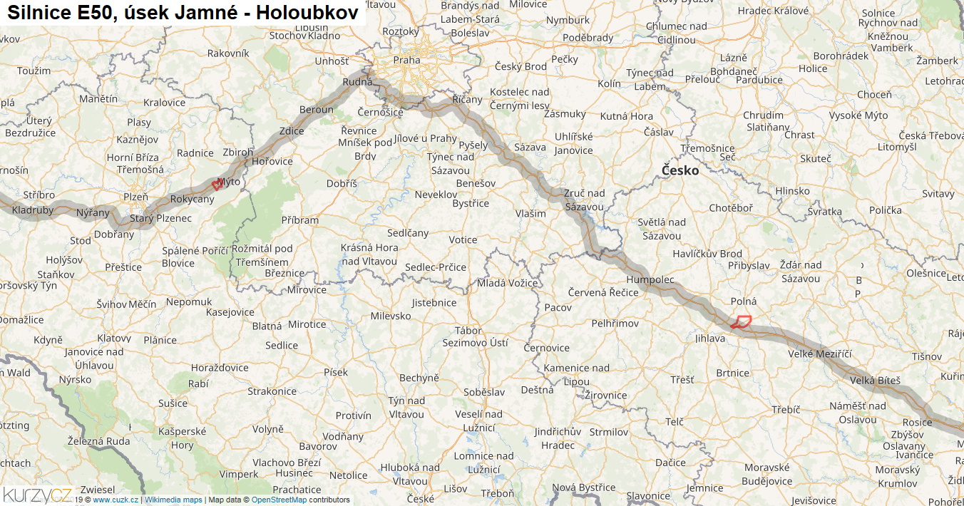 Úsek Jamné - Holoubkov, Silnice E50 - Mapa
