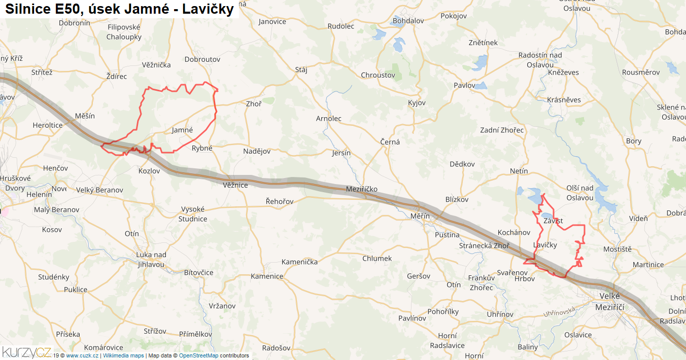 Úsek Jamné - Lavičky, Silnice E50 - Mapa